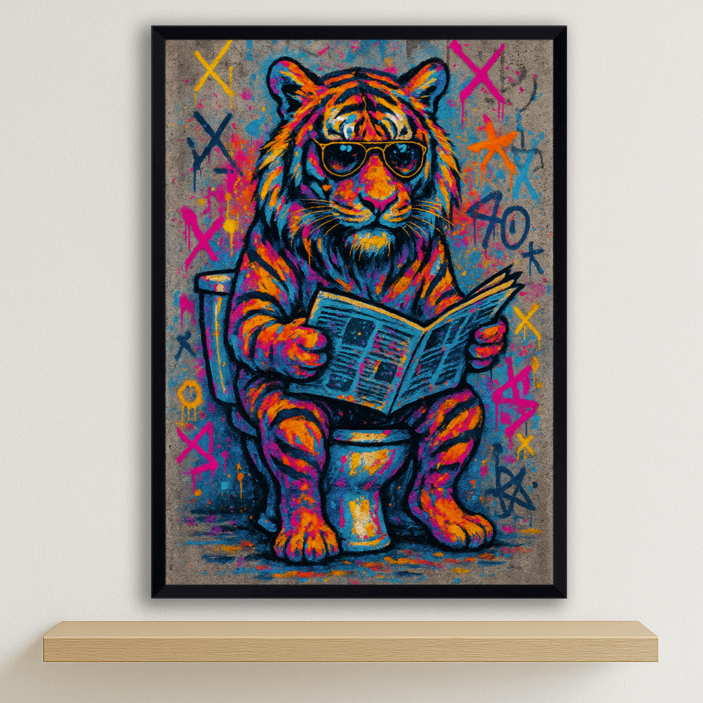 Tigre WC stampato su forex, cornice nero, disponibile in 30x40, 40x50 e 50x70 cm