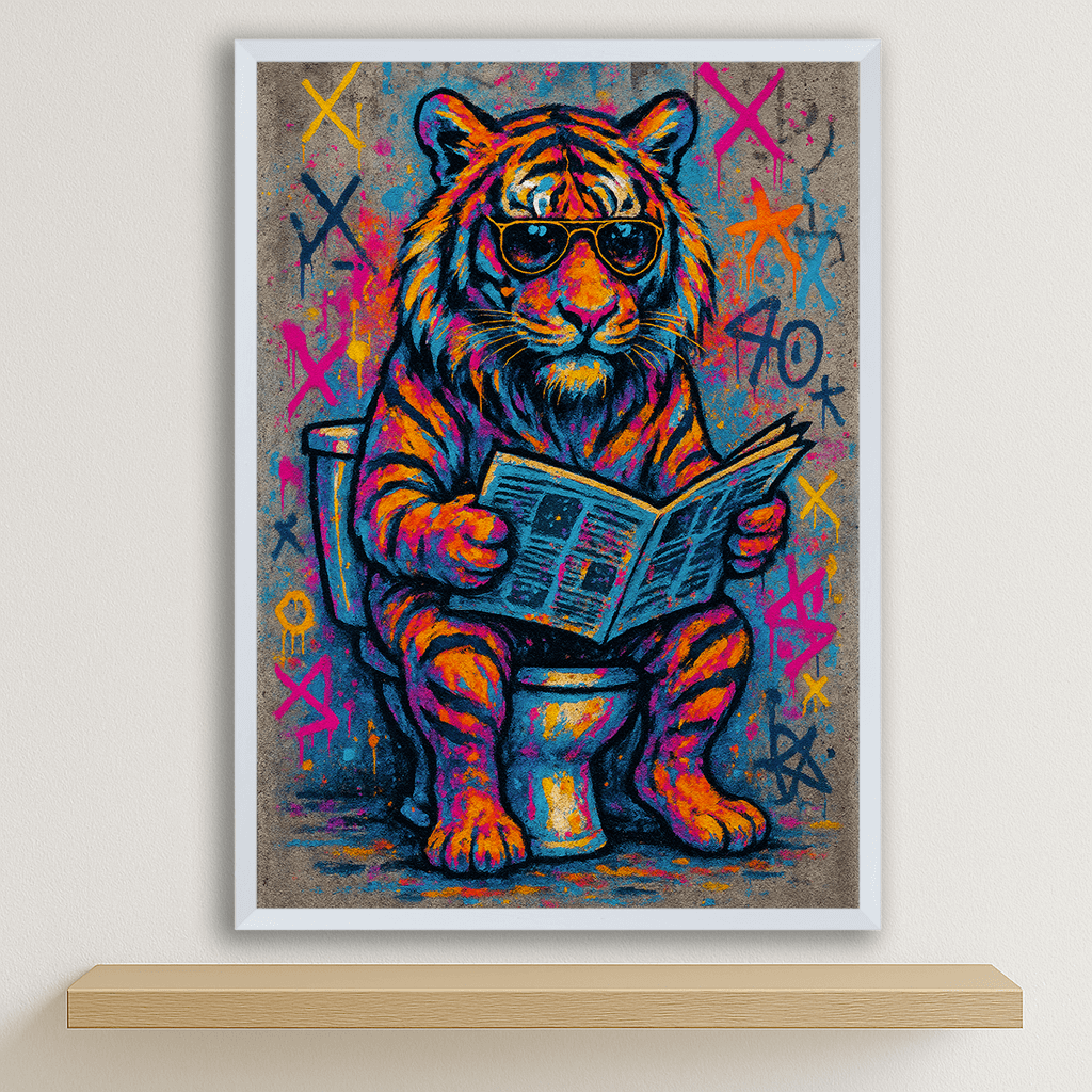 Tigre WC stampato su forex, cornice bianco, disponibile in 30x40, 40x50 e 50x70 cm