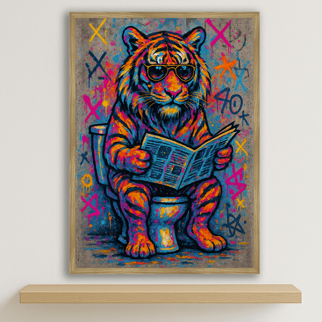 Tigre WC stampato su forex, cornice legno, disponibile in 30x40, 40x50 e 50x70 cm