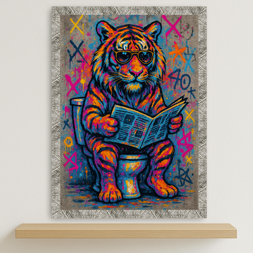 Tigre WC stampato su forex, cornice argento, disponibile in 30x40, 40x50 e 50x70 cm