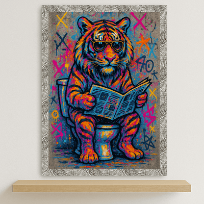 Tigre WC stampato su forex, cornice argento, disponibile in 30x40, 40x50 e 50x70 cm