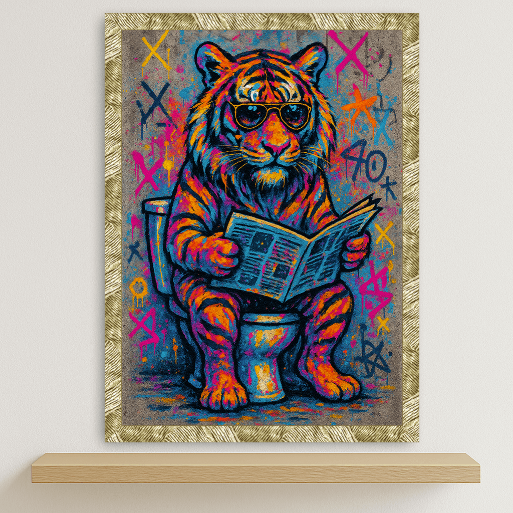 Tigre WC stampato su forex, cornice oro, disponibile in 30x40, 40x50 e 50x70 cm