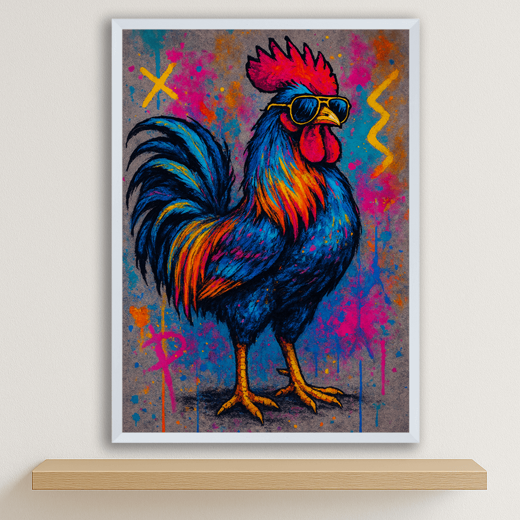 Gallo Boss stampato su forex, cornice bianco, disponibile in 30x40, 40x50 e 50x70 cm