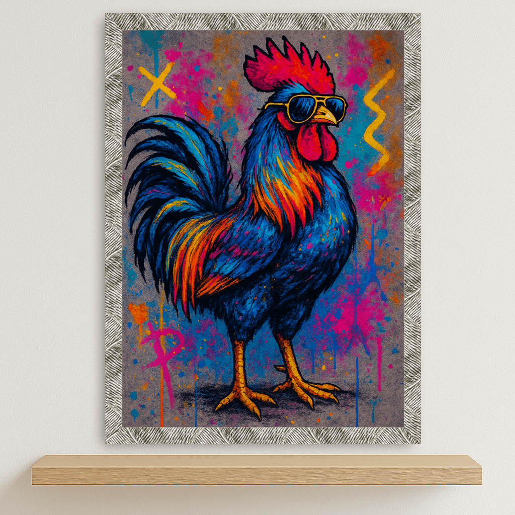 Gallo Boss stampato su forex, cornice argento, disponibile in 30x40, 40x50 e 50x70 cm