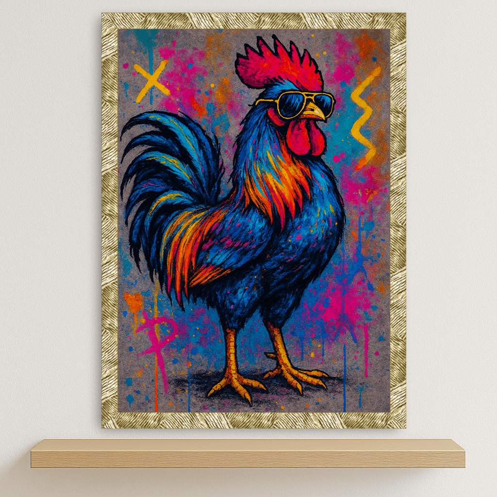 Gallo Boss stampato su forex, cornice oro, disponibile in 30x40, 40x50 e 50x70 cm