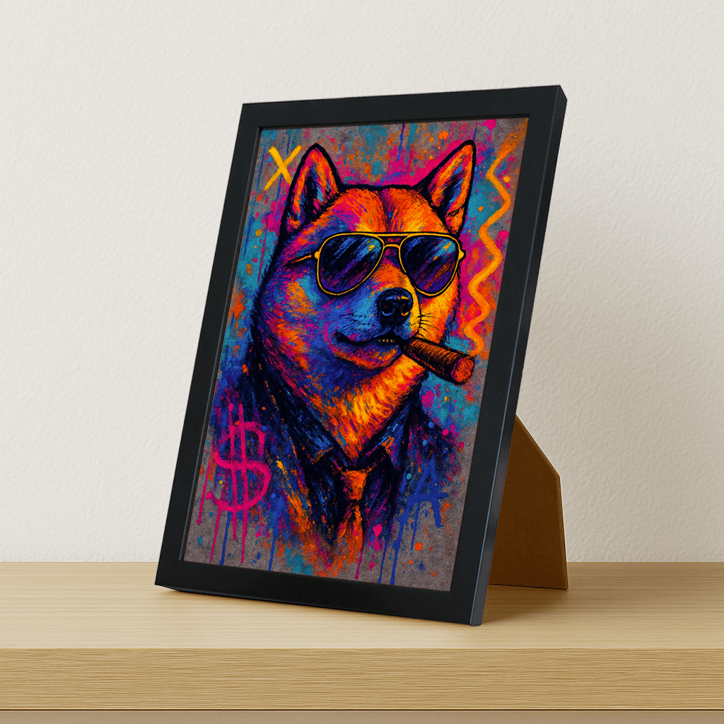 Shiba-Inu Sigaro stampato su forex, cornice portafoto nero, misura 21x29.7