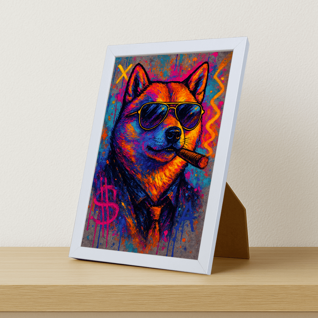 Shiba-Inu Sigaro stampato su forex, cornice portafoto bianco, misura 21x29.7