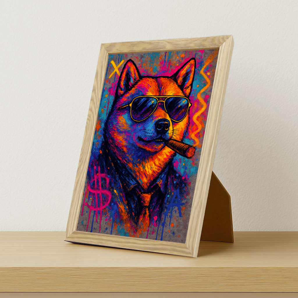Shiba-Inu Sigaro stampato su forex, cornice portafoto legno, misura 21x29.7