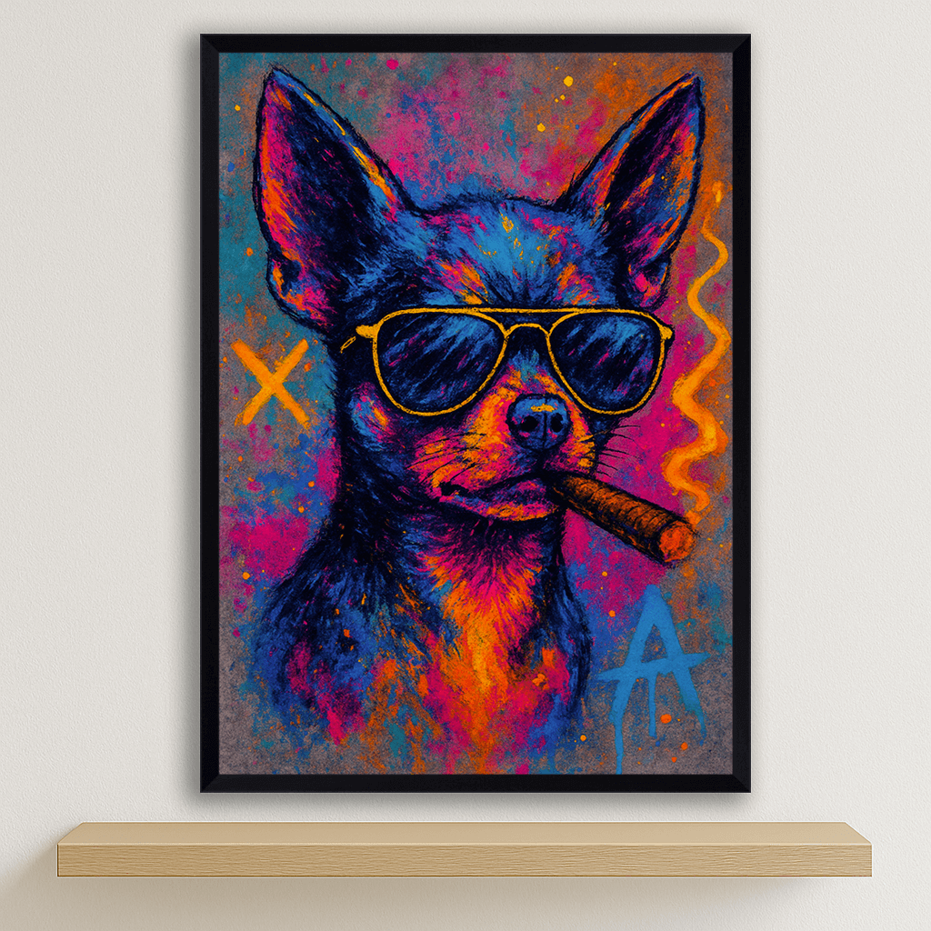 Chihuahua Sigaro stampato su forex, cornice nero, disponibile in 30x40, 40x50 e 50x70 cm