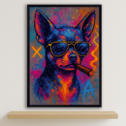 Chihuahua Sigaro stampato su forex, cornice nero, disponibile in 30x40, 40x50 e 50x70 cm