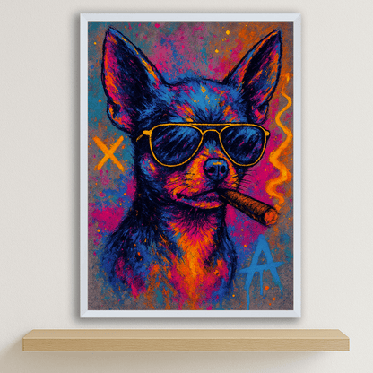 Chihuahua Sigaro stampato su forex, cornice bianco, disponibile in 30x40, 40x50 e 50x70 cm