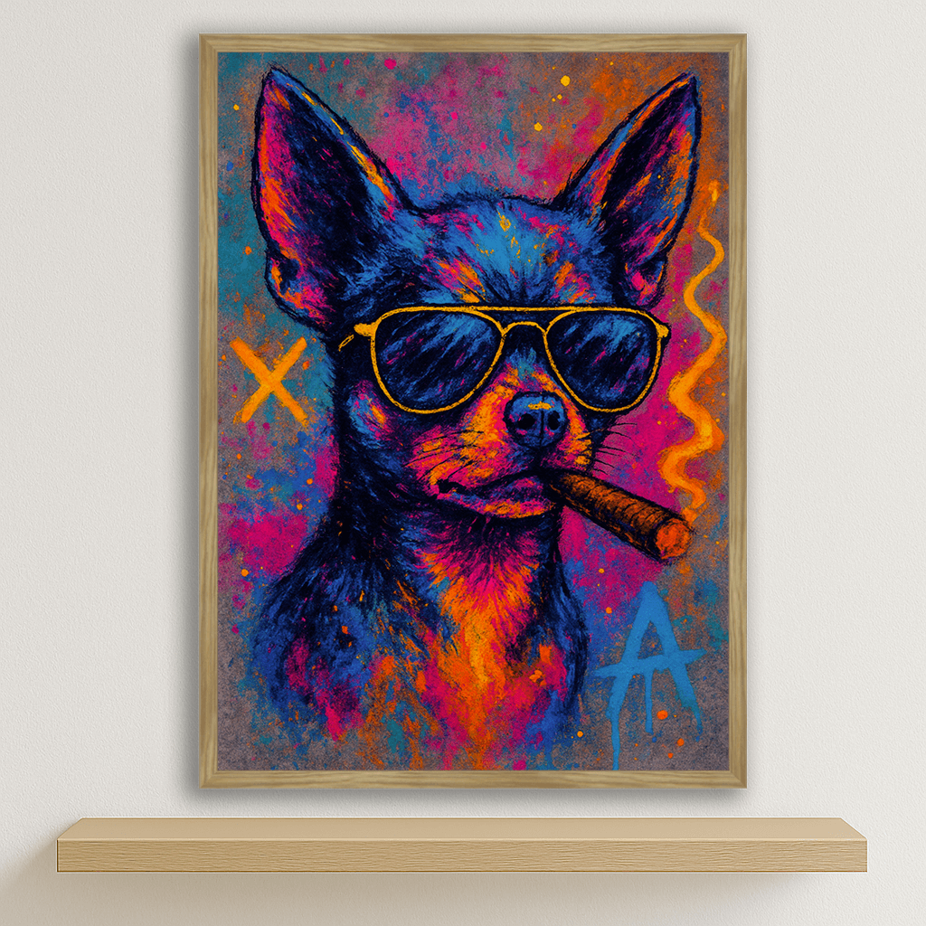 Chihuahua Sigaro stampato su forex, cornice legno, disponibile in 30x40, 40x50 e 50x70 cm