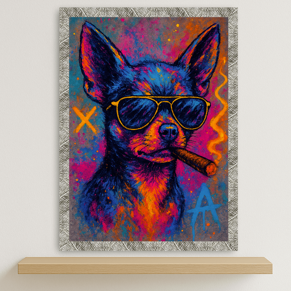 Chihuahua Sigaro stampato su forex, cornice argento, disponibile in 30x40, 40x50 e 50x70 cm