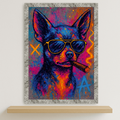 Chihuahua Sigaro stampato su forex, cornice argento, disponibile in 30x40, 40x50 e 50x70 cm