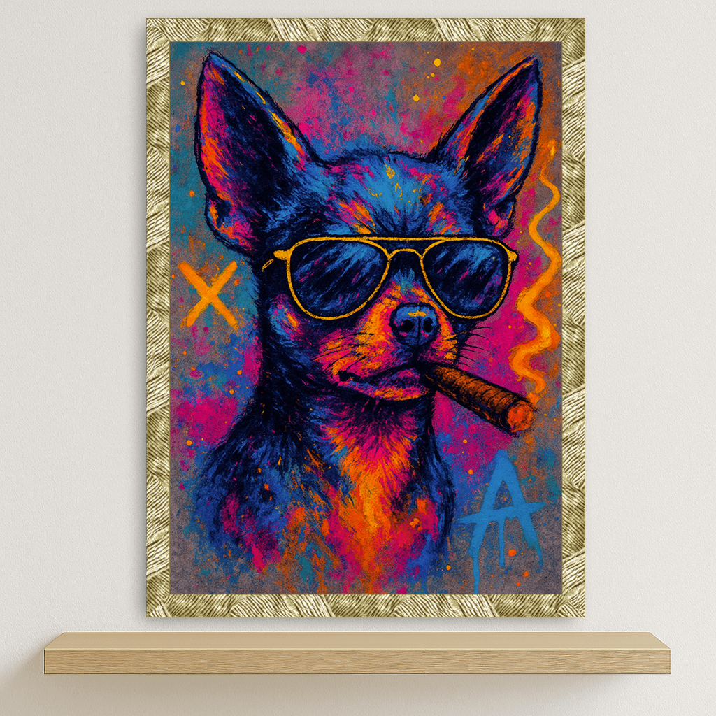 Chihuahua Sigaro stampato su forex, cornice oro, disponibile in 30x40, 40x50 e 50x70 cm