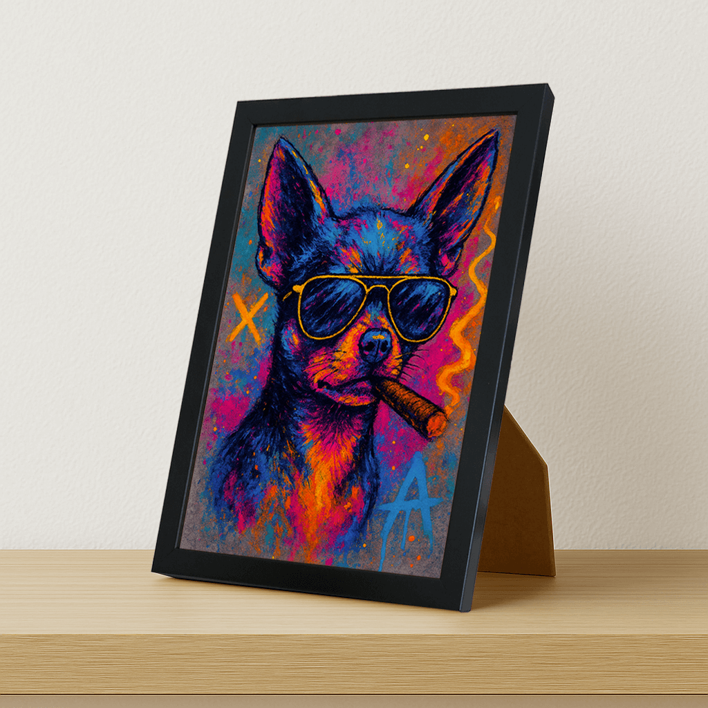 Chihuahua Sigaro stampato su forex, cornice portafoto nero, misura 21x29.7