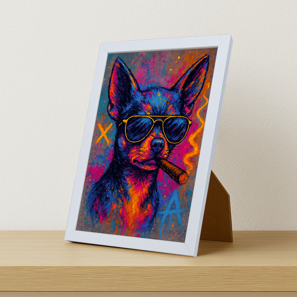 Chihuahua Sigaro stampato su forex, cornice portafoto bianco, misura 21x29.7
