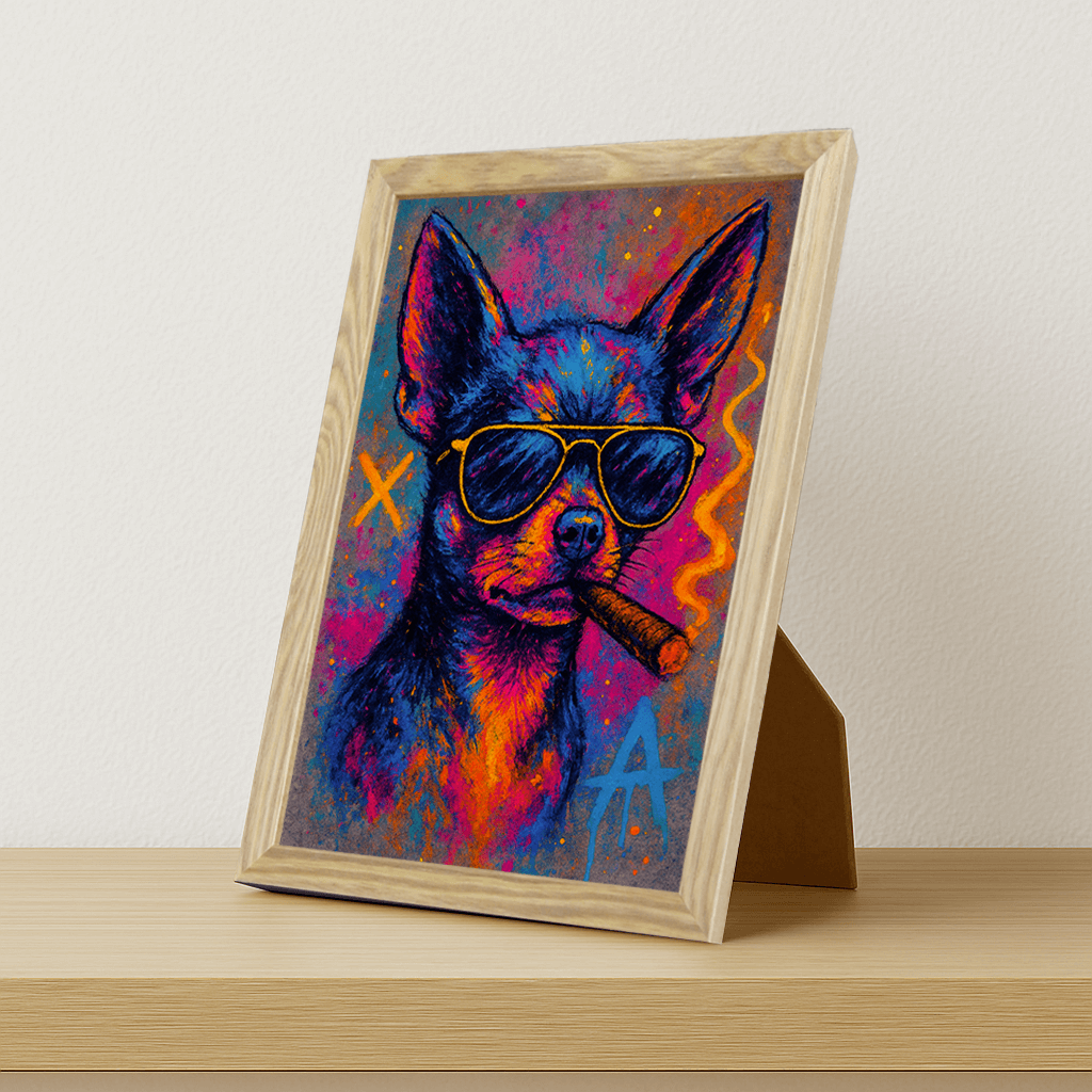 Chihuahua Sigaro stampato su forex, cornice portafoto legno, misura 21x29.7