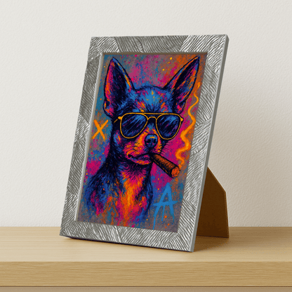 Chihuahua Sigaro stampato su forex, cornice portafoto argento, misura 21x29.7
