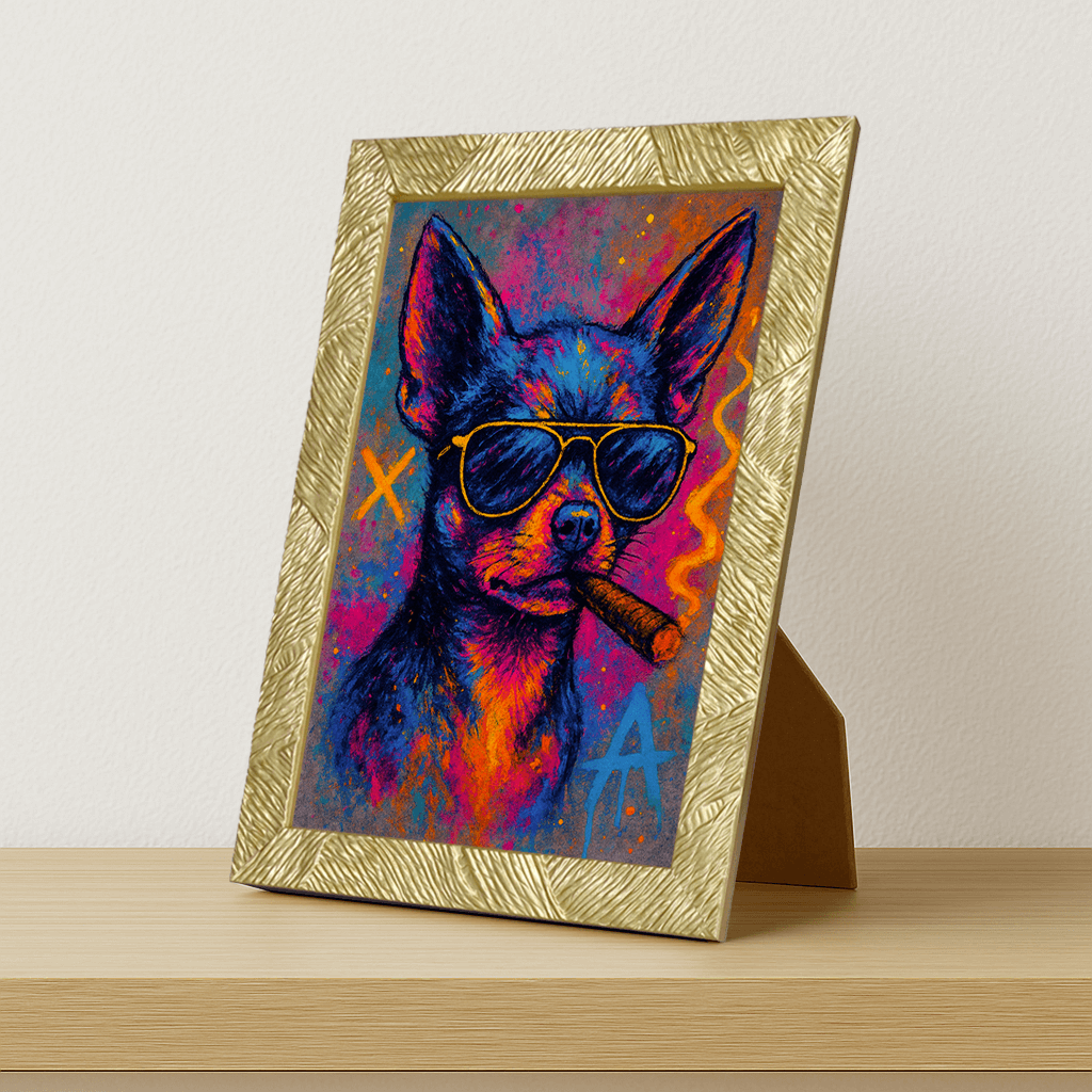 Chihuahua Sigaro stampato su forex, cornice portafoto oro, misura 21x29.7