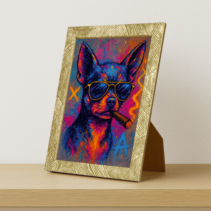 Chihuahua Sigaro stampato su forex, cornice portafoto oro, misura 21x29.7