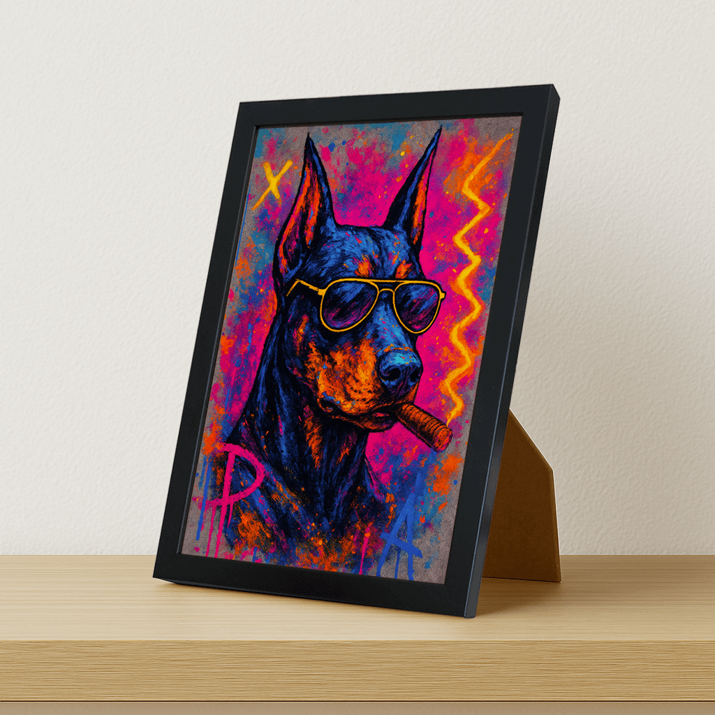 Dobermann Sigaro stampato su forex, cornice portafoto nero, misura 21x29.7