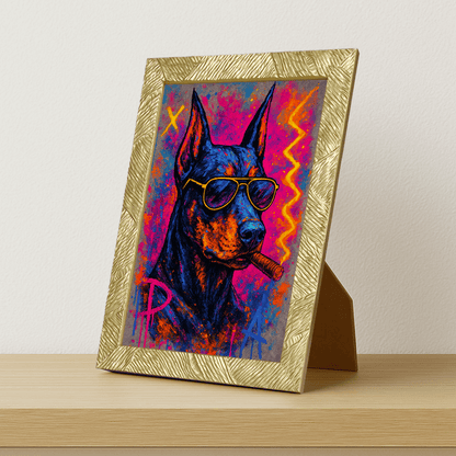 Dobermann Sigaro stampato su forex, cornice portafoto oro, misura 21x29.7