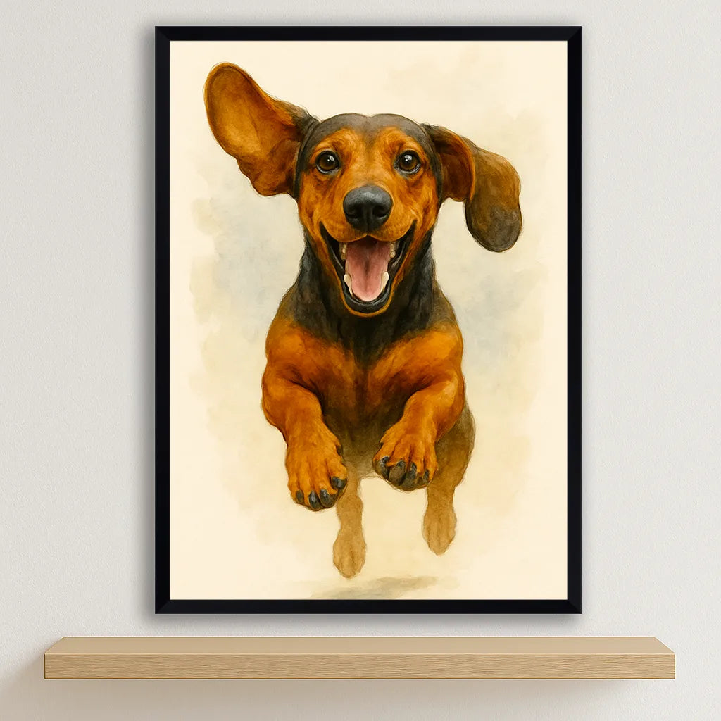 Bassotto Acquarello stampato su forex, cornice nero, disponibile in 30x40, 40x50 e 50x70 cm