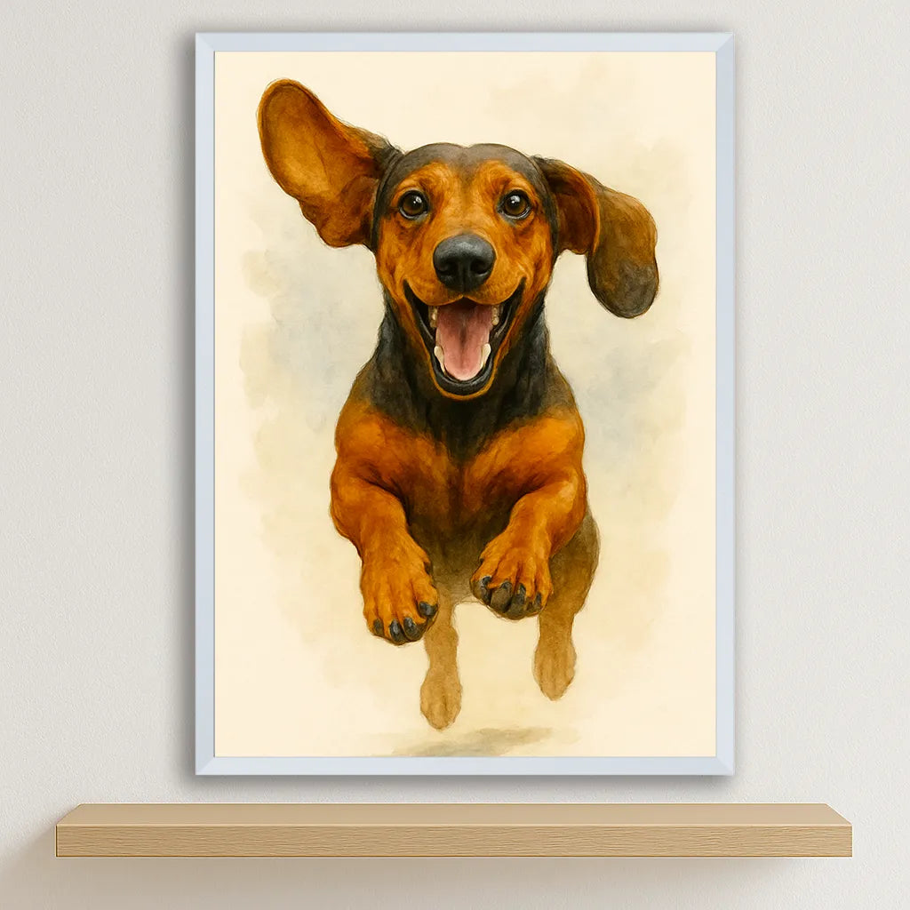 Bassotto Acquarello stampato su forex, cornice bianco, disponibile in 30x40, 40x50 e 50x70 cm