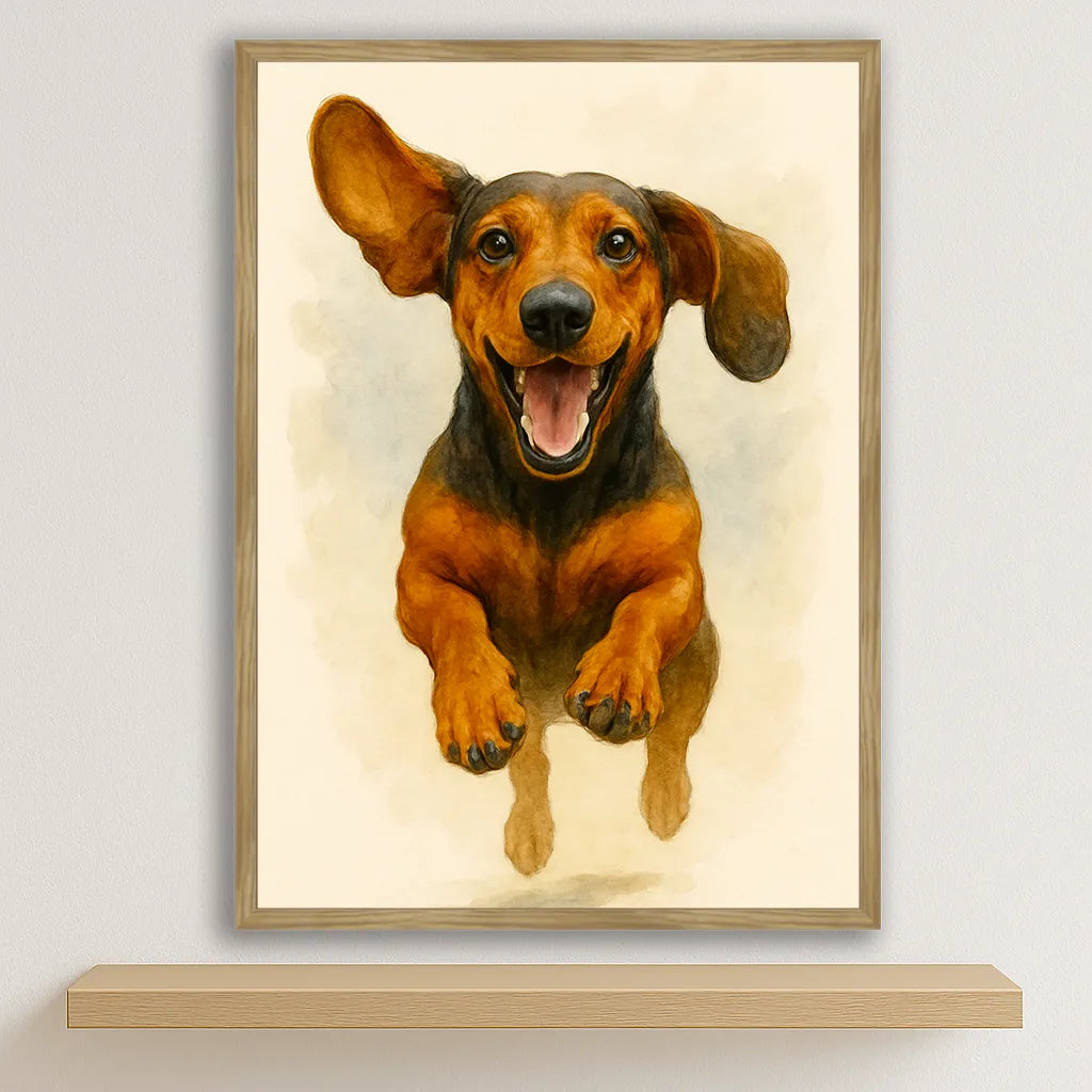 Bassotto Acquarello stampato su forex, cornice legno, disponibile in 30x40, 40x50 e 50x70 cm