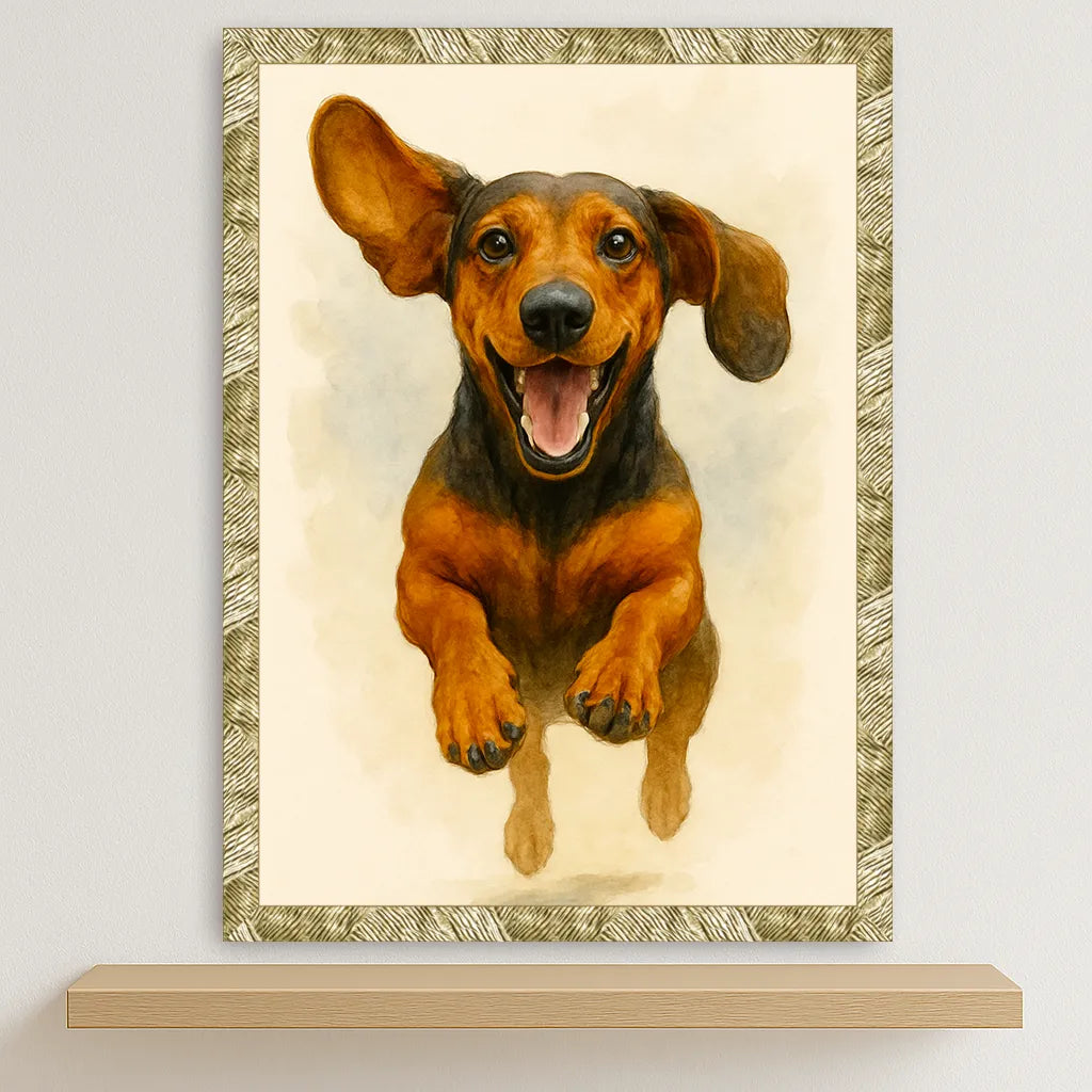 Bassotto Acquarello stampato su forex, cornice oro, disponibile in 30x40, 40x50 e 50x70 cm