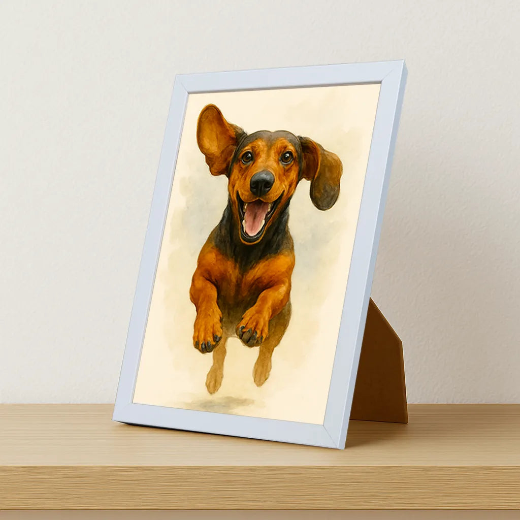 Bassotto Acquarello stampato su forex, cornice portafoto bianco, misura 21x29.7