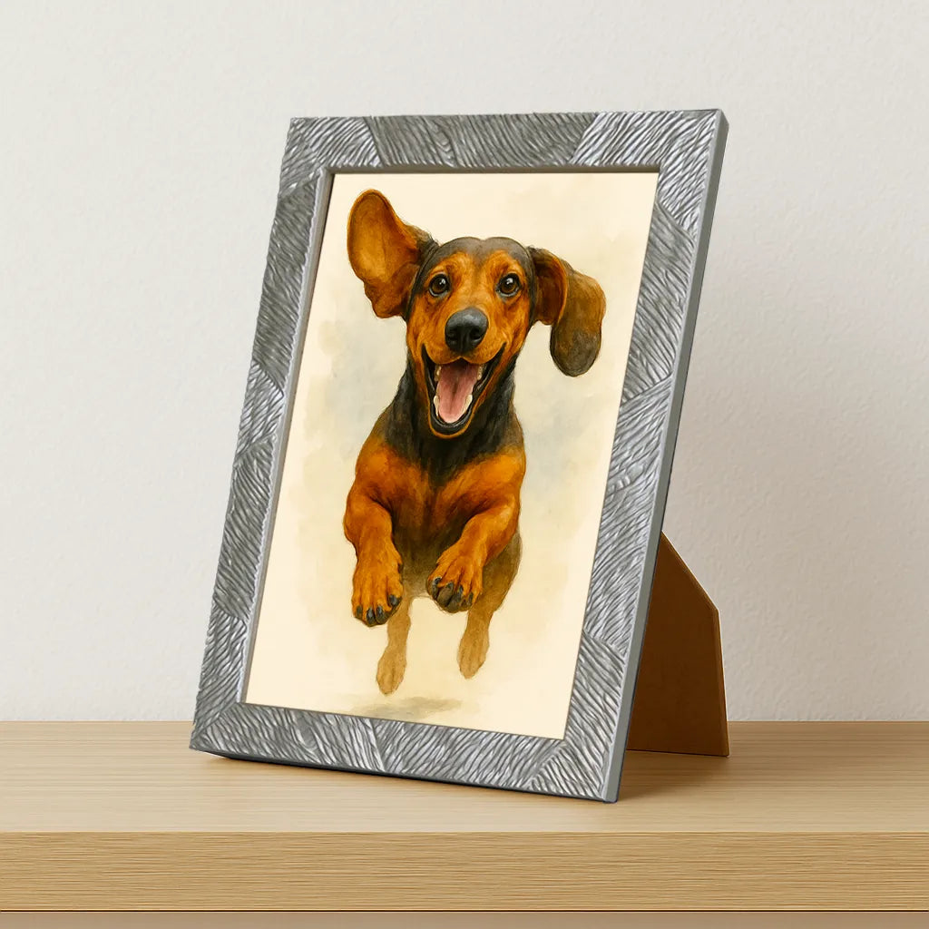 Bassotto Acquarello stampato su forex, cornice portafoto argento, misura 21x29.7