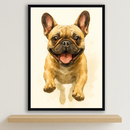 Bulldog Acquarello stampato su forex, cornice nero, disponibile in 30x40, 40x50 e 50x70 cm