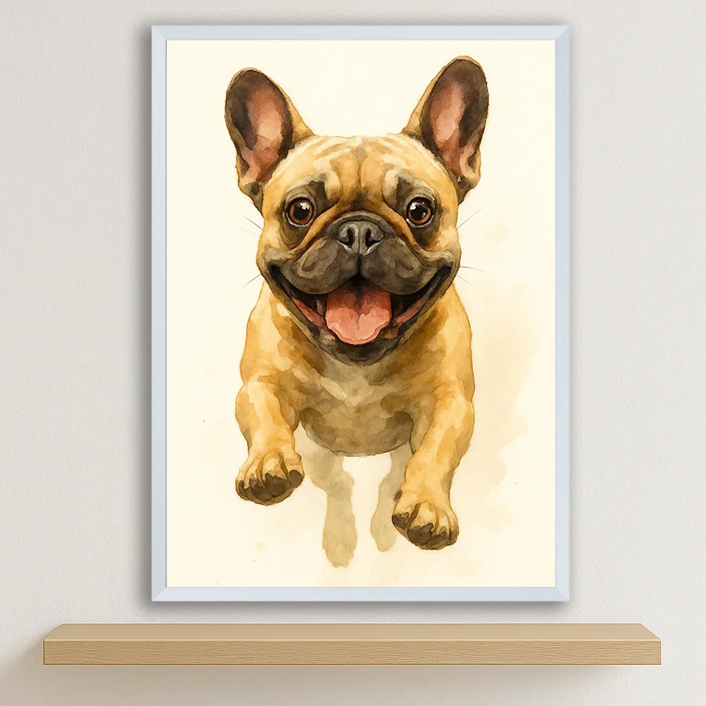 Bulldog Acquarello stampato su forex, cornice bianco, disponibile in 30x40, 40x50 e 50x70 cm