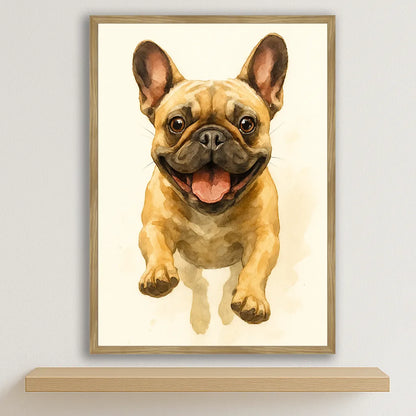 Bulldog Acquarello stampato su forex, cornice legno, disponibile in 30x40, 40x50 e 50x70 cm
