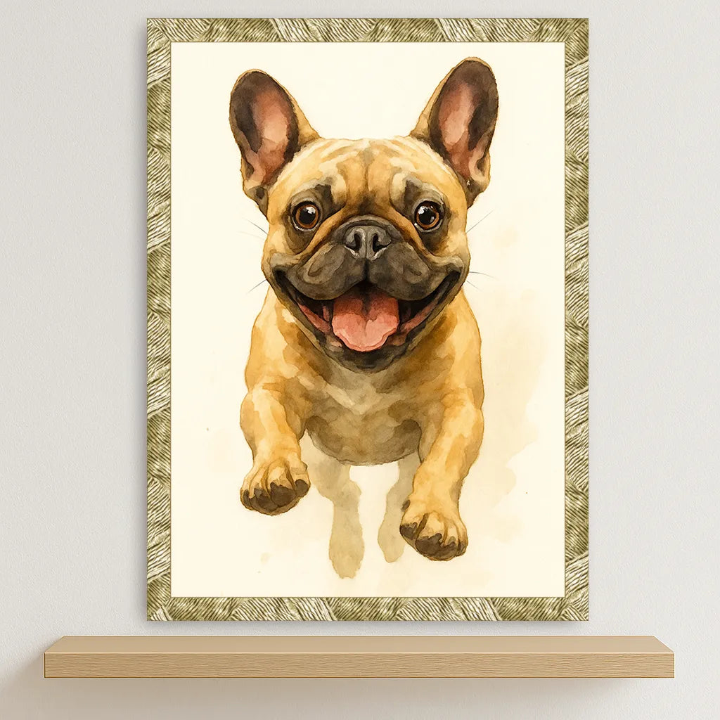Bulldog Acquarello stampato su forex, cornice oro, disponibile in 30x40, 40x50 e 50x70 cm