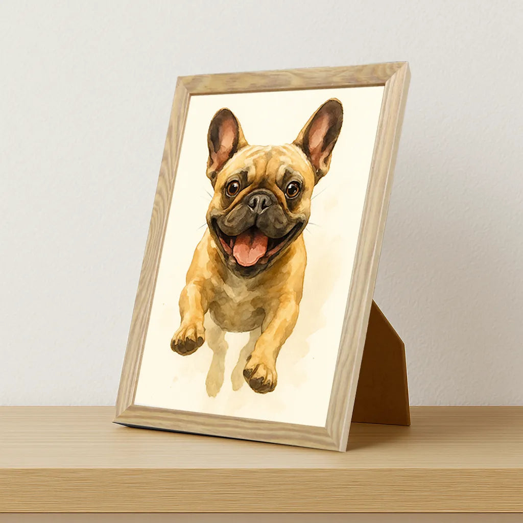 Bulldog Acquarello stampato su forex, cornice portafoto legno, misura 21x29.7