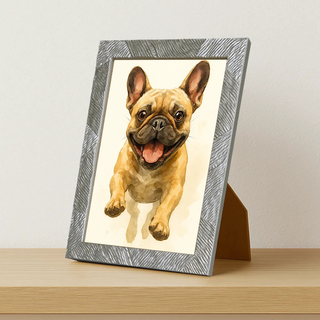 Bulldog Acquarello stampato su forex, cornice portafoto argento, misura 21x29.7