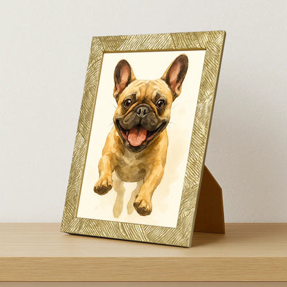 Bulldog Acquarello stampato su forex, cornice portafoto oro, misura 21x29.7