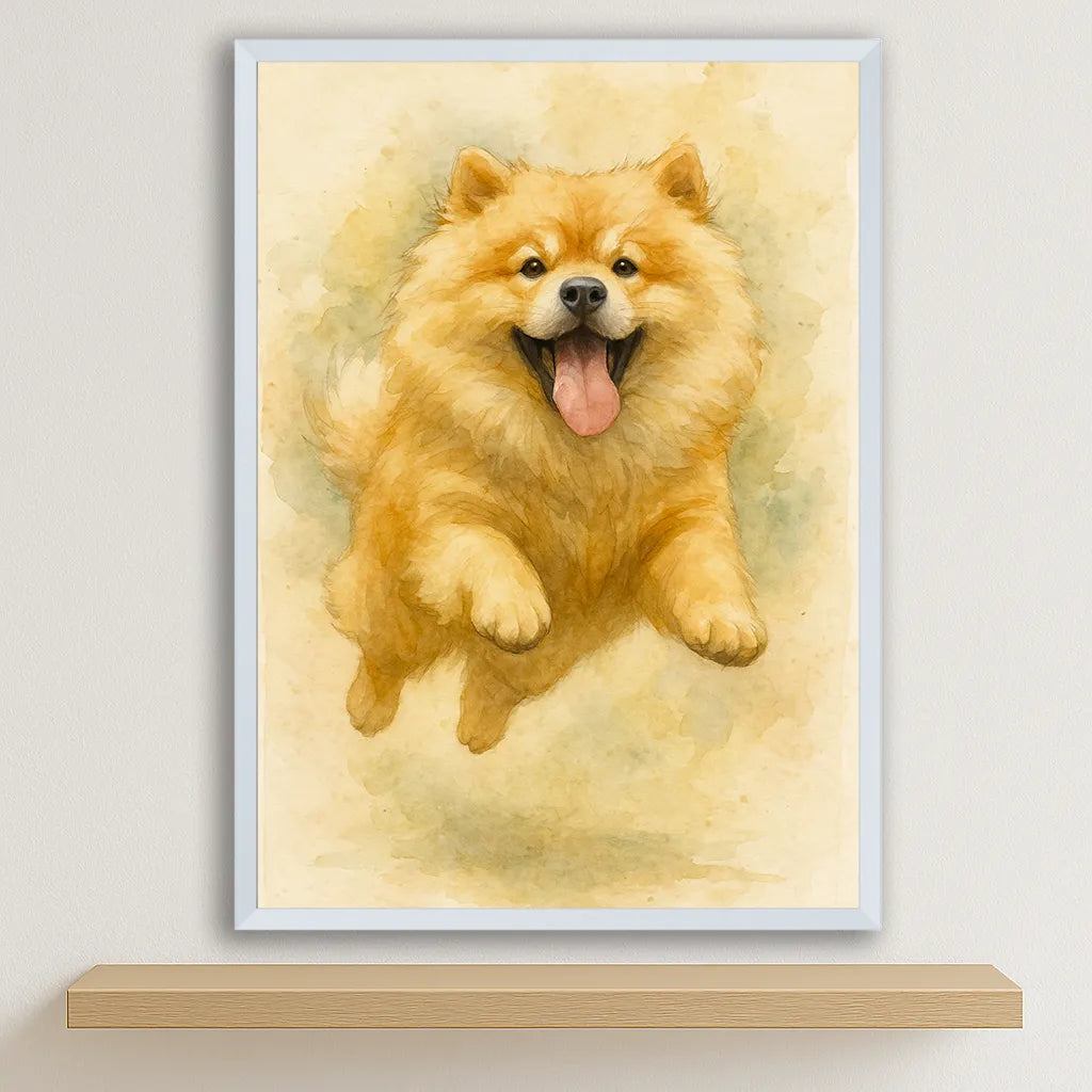 Chow chow Acquarello stampato su forex, cornice bianco, disponibile in 30x40, 40x50 e 50x70 cm