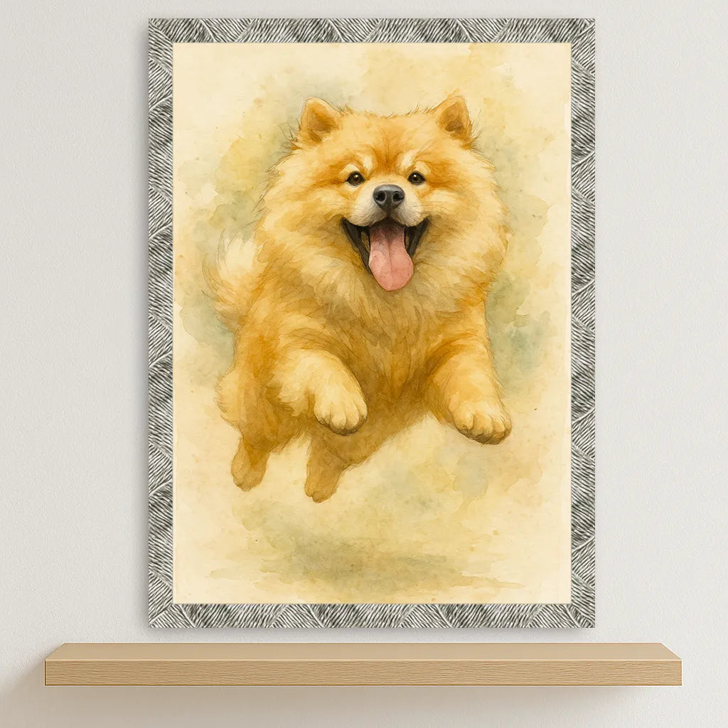 Chow chow Acquarello stampato su forex, cornice argento, disponibile in 30x40, 40x50 e 50x70 cm