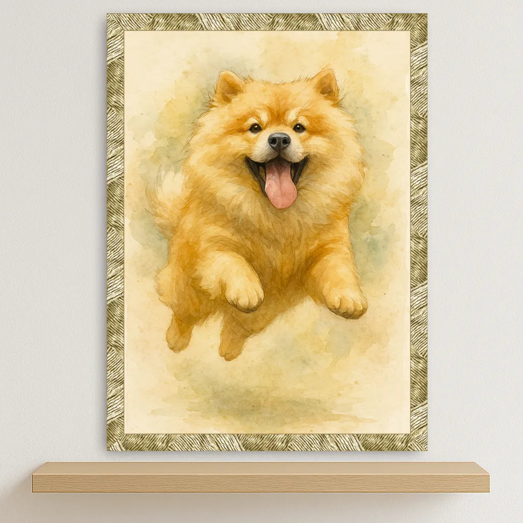 Chow chow Acquarello stampato su forex, cornice oro, disponibile in 30x40, 40x50 e 50x70 cm