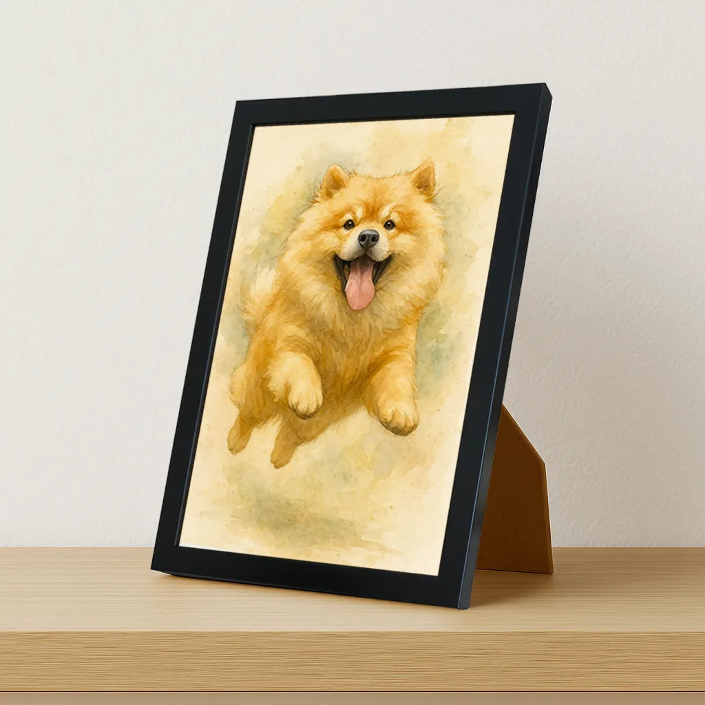 Chow chow Acquarello stampato su forex, cornice portafoto nero, misura 21x29.7