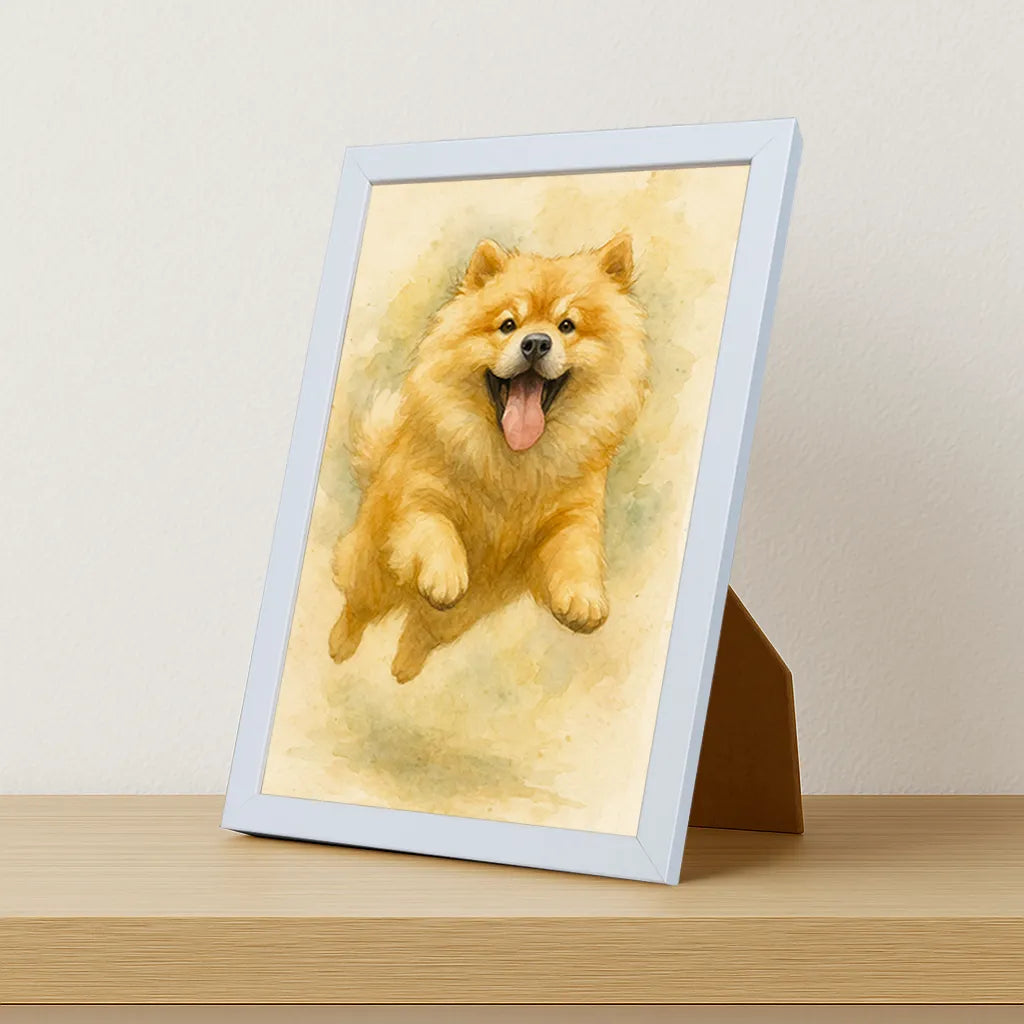 Chow chow Acquarello stampato su forex, cornice portafoto bianco, misura 21x29.7
