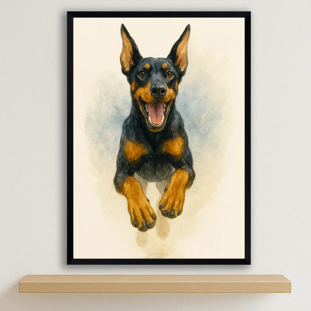 Dobermann Acquarello stampato su forex, cornice nero, disponibile in 30x40, 40x50 e 50x70 cm
