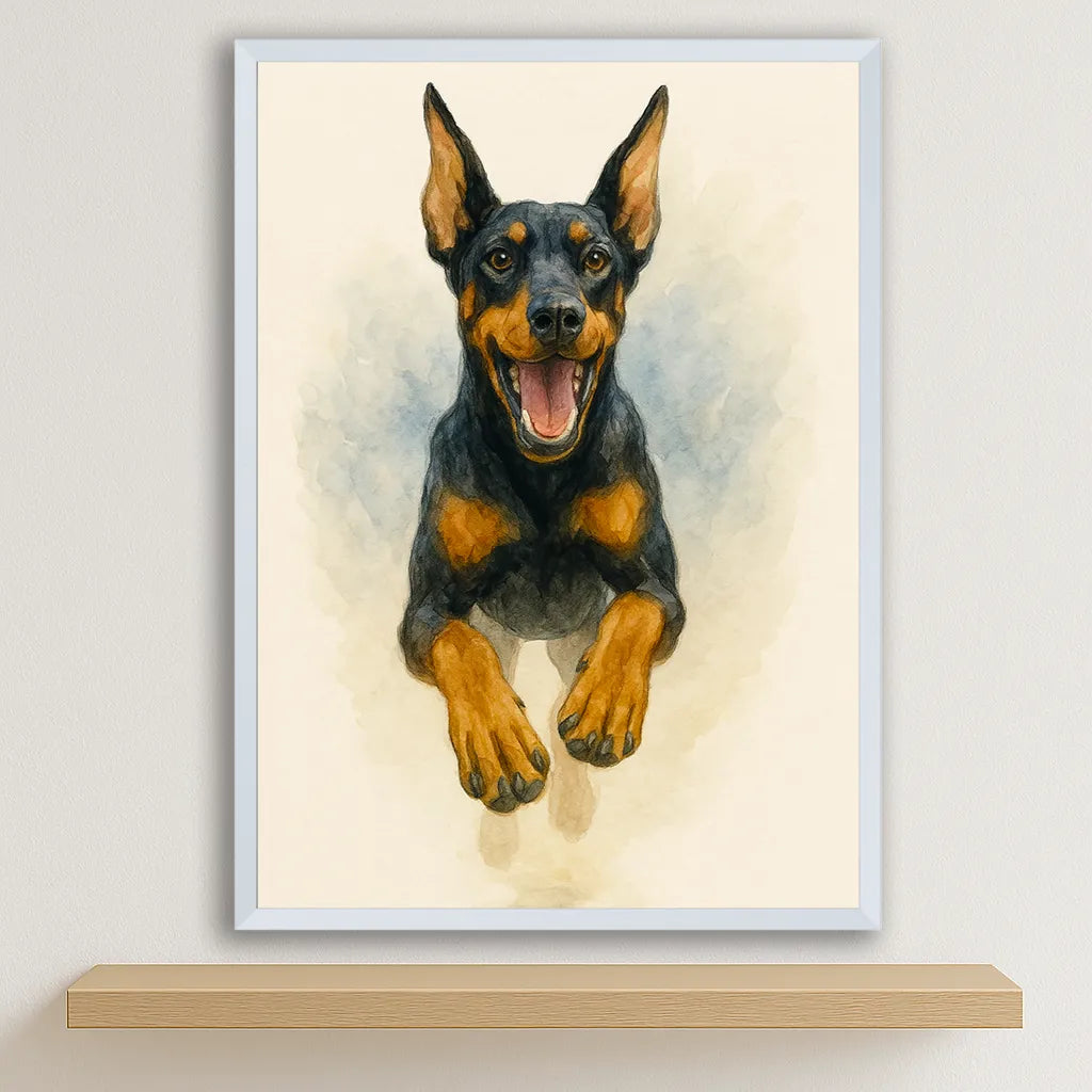 Dobermann Acquarello stampato su forex, cornice bianco, disponibile in 30x40, 40x50 e 50x70 cm