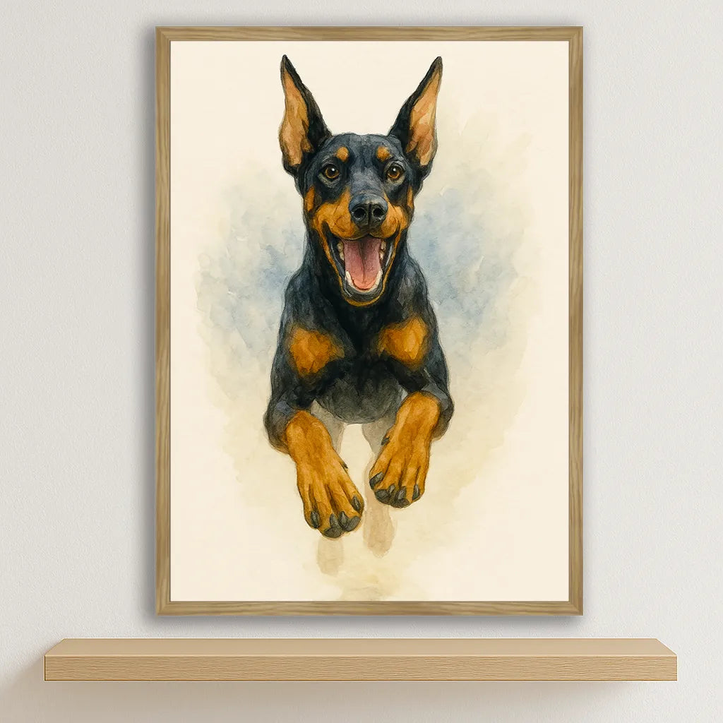 Dobermann Acquarello stampato su forex, cornice legno, disponibile in 30x40, 40x50 e 50x70 cm