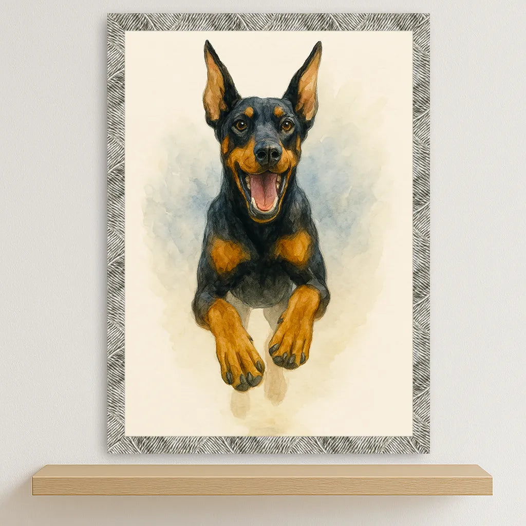 Dobermann Acquarello stampato su forex, cornice argento, disponibile in 30x40, 40x50 e 50x70 cm