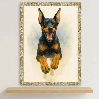 Dobermann Acquarello stampato su forex, cornice oro, disponibile in 30x40, 40x50 e 50x70 cm